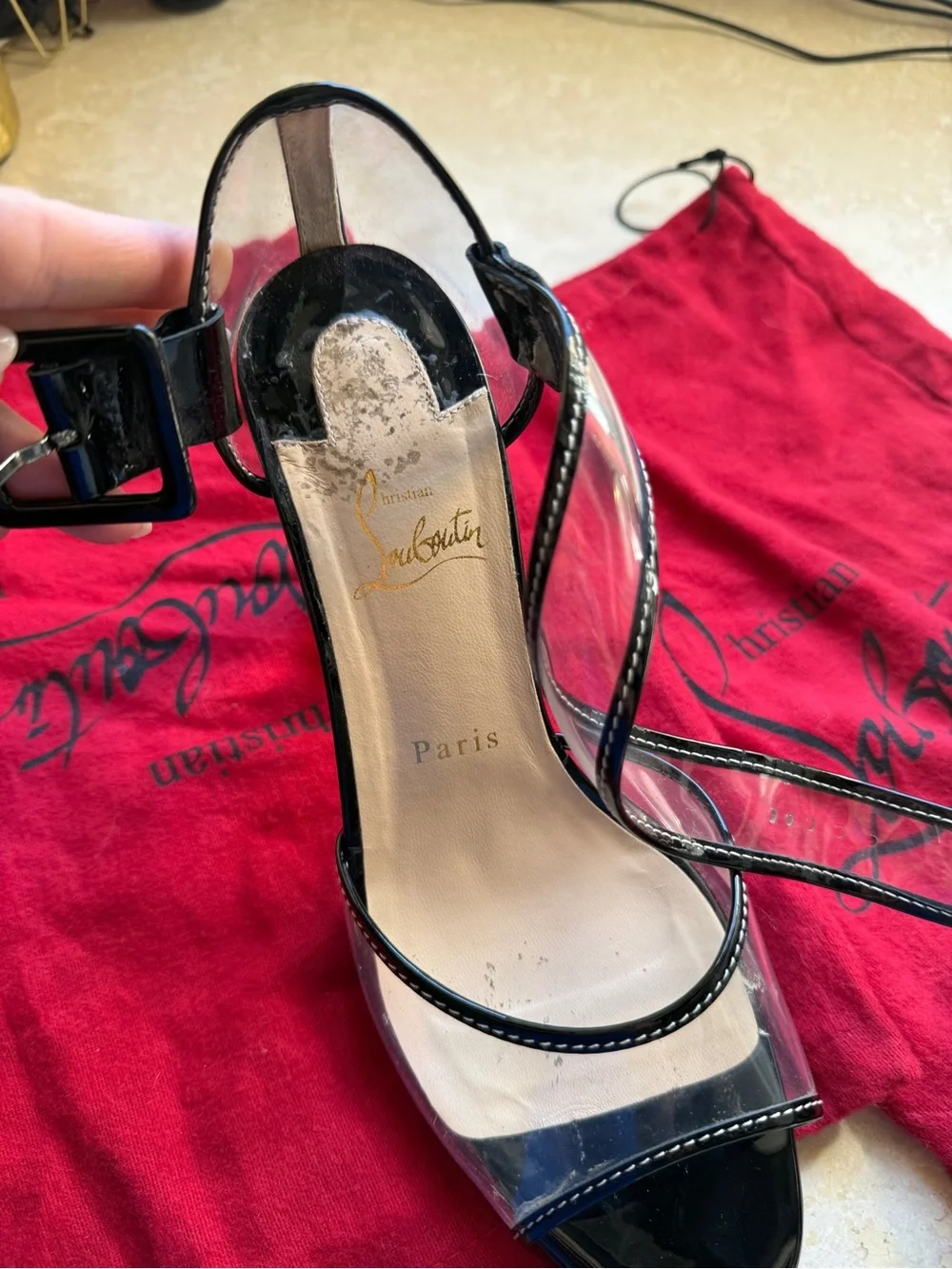 Christian Louboutin Black Patent and Clear Strappy Block Heel Sandals